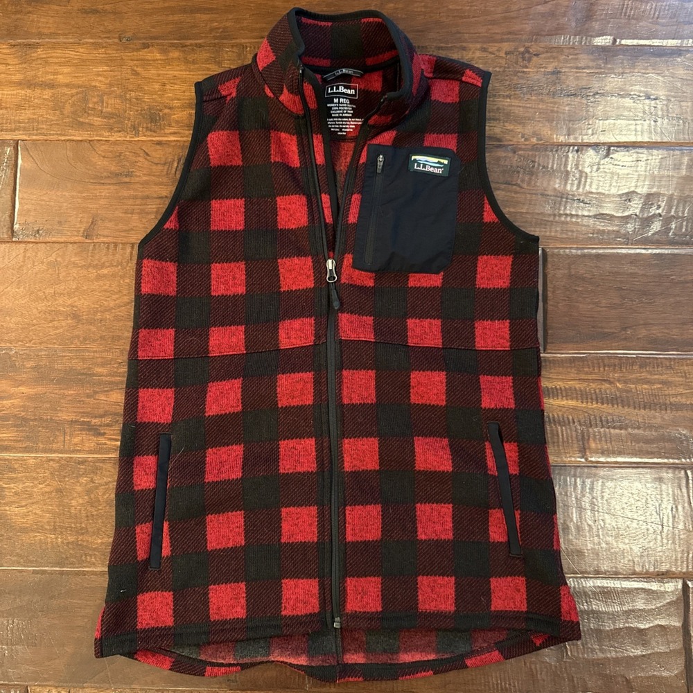 LL Bean Fleece Vest Full Zip Jacket Size Medium Red Black Buffalo Plaid Pockets